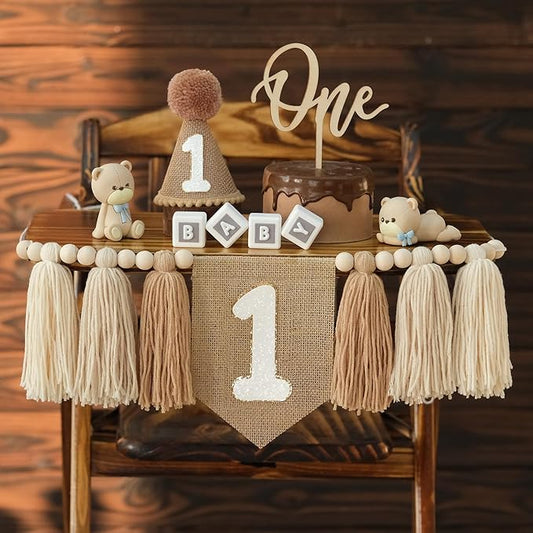 Boho Nude 1st Birthday Highchair Wood Bead Tassel Garland Conical