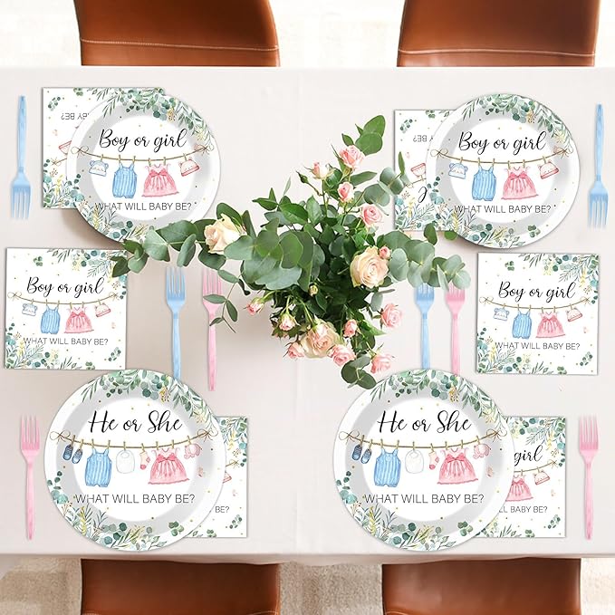 96Pcs Greenery Gender Reveal Party Decorations for Boy or Girl Baby