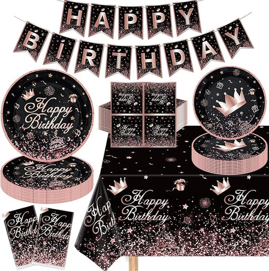 123 Pack Black and Rose Gold Party Supplies Pink Birthday Party