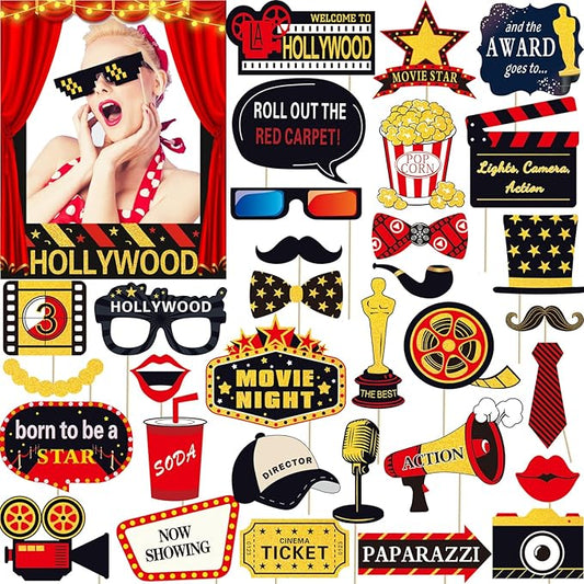 34pcs Hollywood Themed Movie Night Party Photo Booth Props Hollywood