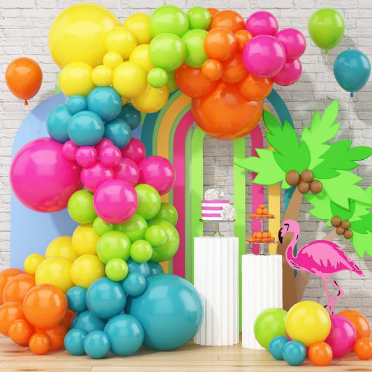 141 Pcs Rainbow Neon Balloon Arch Kit, Hot Pink Lime Green Orange