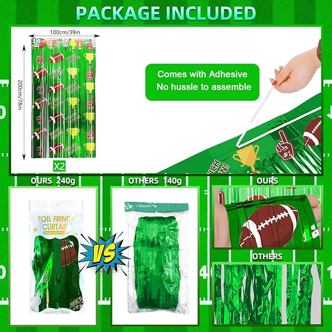 Football Party Decorations, 2 Pack Foil Fringe Curtains