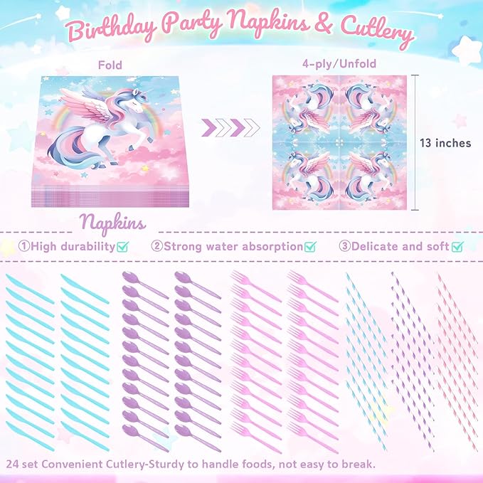 195Pcs Unicorn Birthday Party Supplies with Plates Cups Napkins