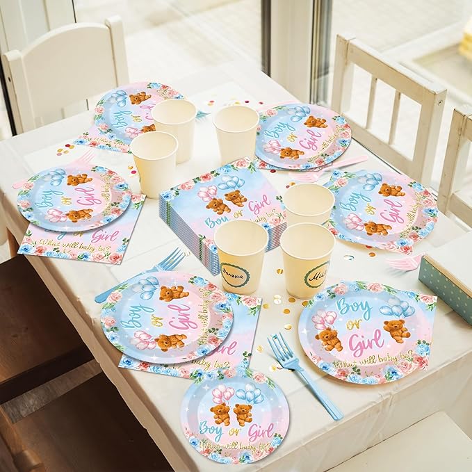 96 Pieces Bear Gender Reveal Theme Tableware Set for Gender Reveal