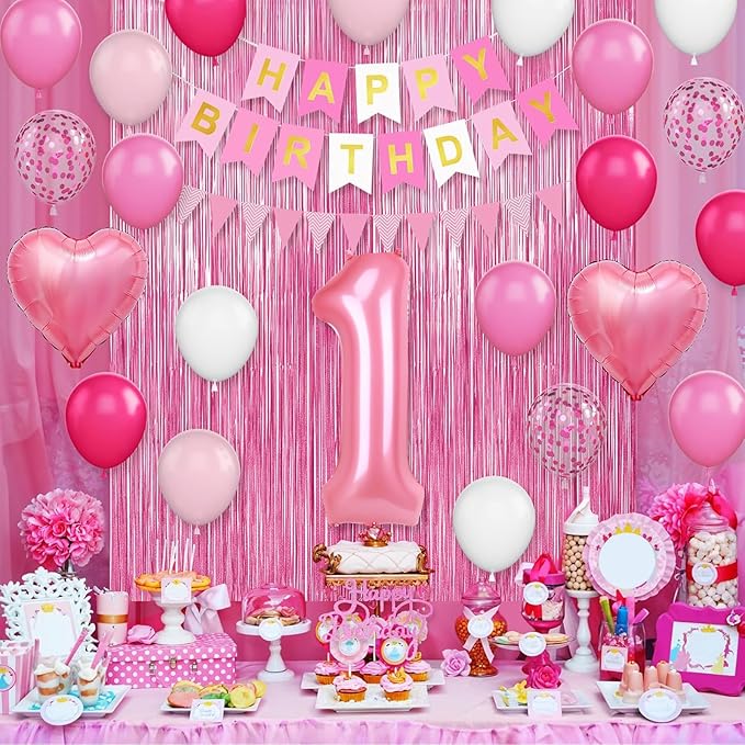 1st Birthday Decorations for Girls Hot Pink Birthday Balloons
