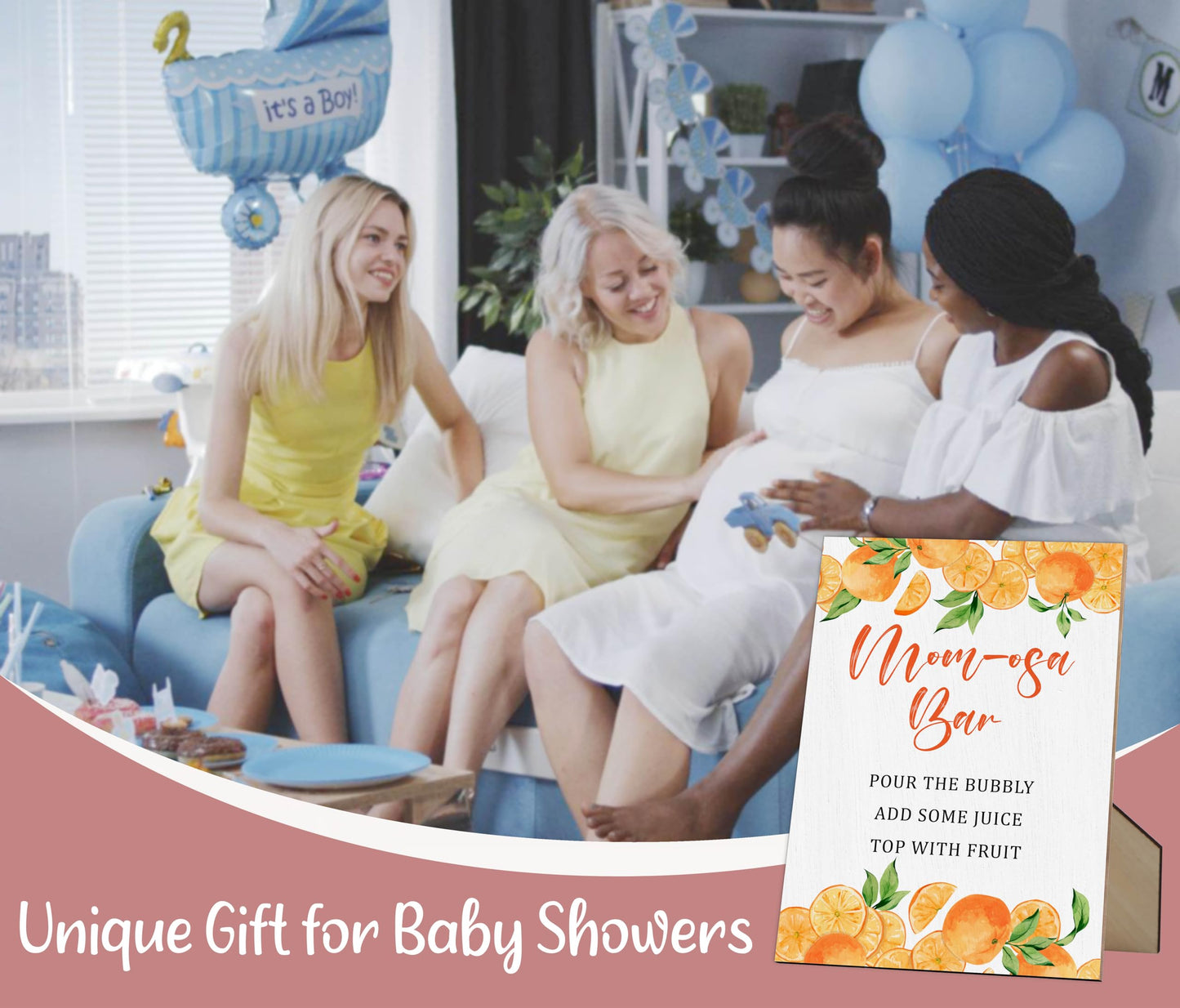 Mom-osa Bar Baby Shower Tabletop Sign With Stand, Orange Citrus Gender