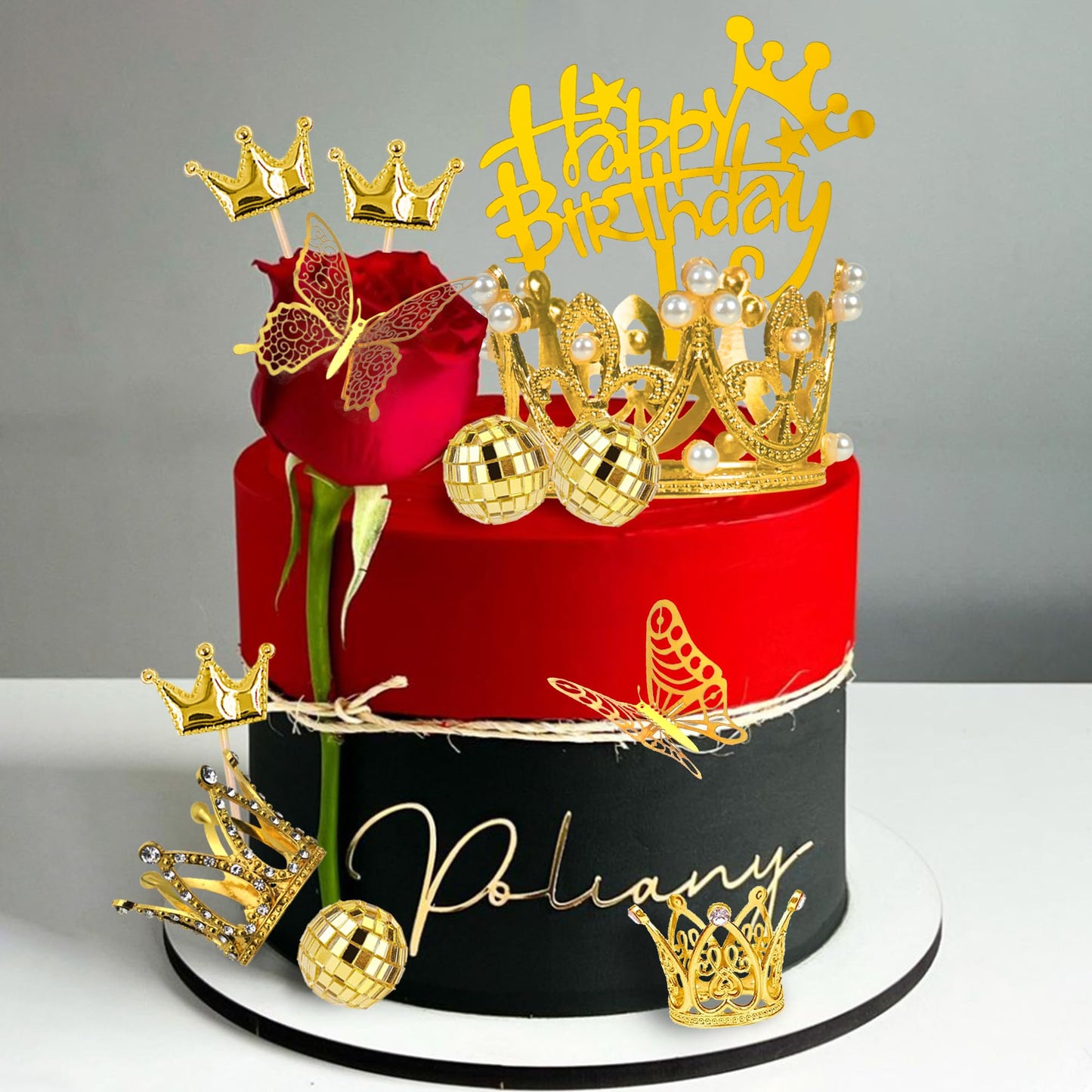 37 PCS Crown Cake Topper Mini Gold Crown Butterfly Disco Ball
