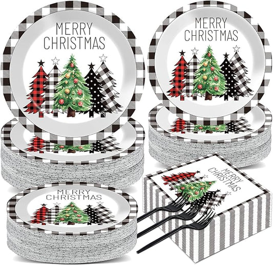 200Pcs Buffalo Plaid Christmas Tree Party Plates Napkins Christmas