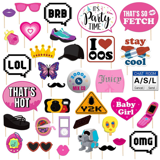 Mosailles 35Pcs 2000s Party Photo Booth Props 00s Party Decorations