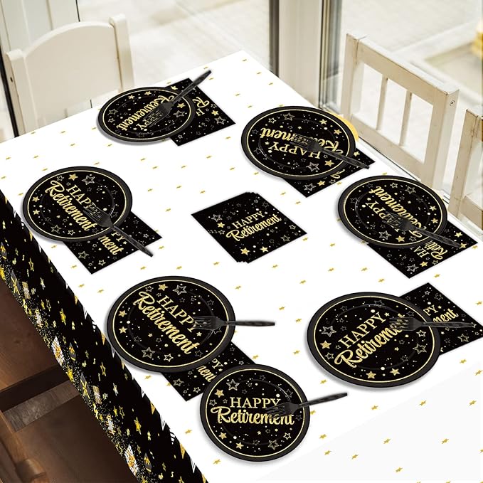 24 Guests Happy Retirement Party Supplies Black Gold Retirement