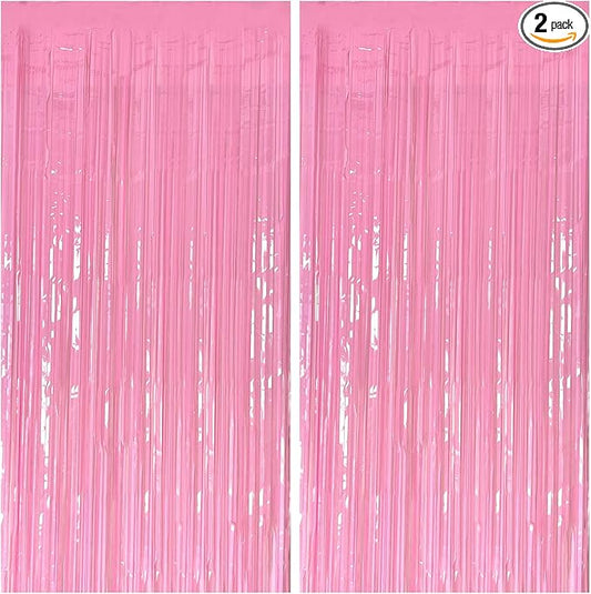 2 Pack Foil Curtain Pink Backdrop Streamers Metallic Tinsel Fringe