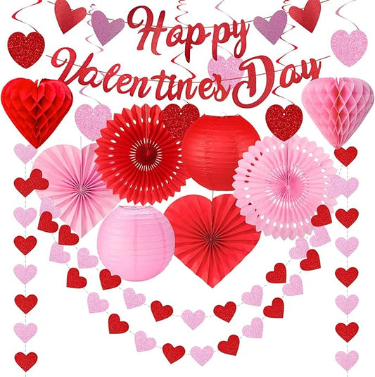 Valentines Day Decorations with Banner Pink Red Heart Shaped Paper