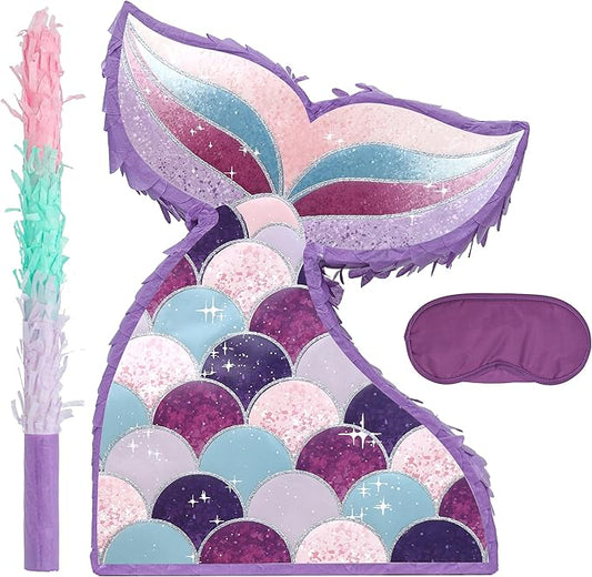 Mermaid Tail Pinatas Bundle with a Blindfold and a Bat 16.5 x 12 x 4