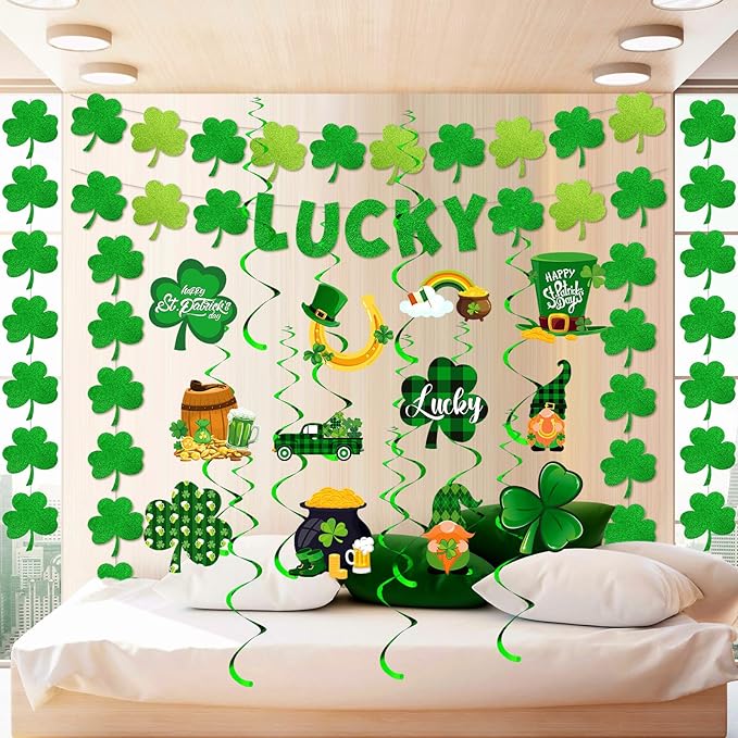 30 Pcs St Patrick's Day Decorations Set Hanging Swirls Green