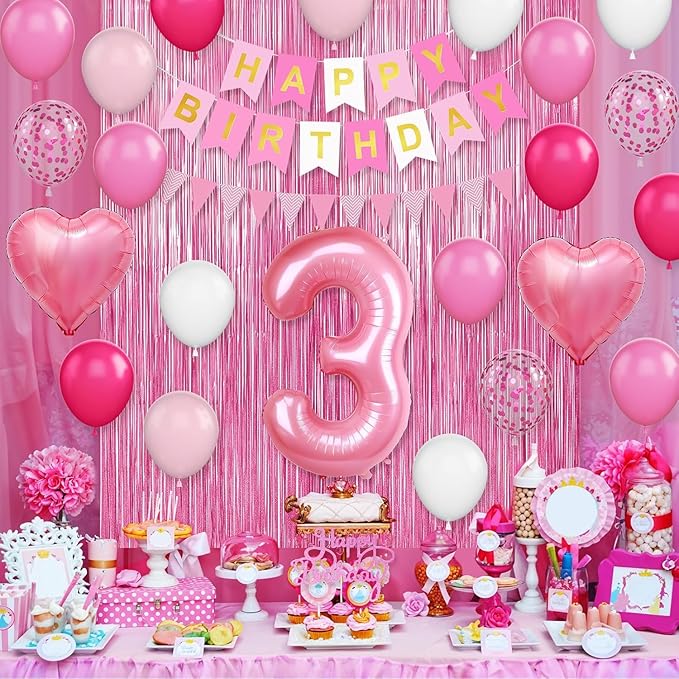3rd Birthday Decorations for Girls Hot Pink Balloons Happy Birthday