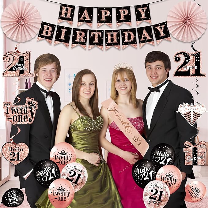 21st Birthday Decorations for Her 33pcs 21 Crown and Sash Black Rose