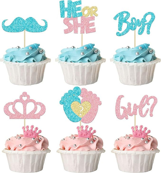 24Pcs Boy or Girl Cupcake Toppers Pink Blue Glitter Crown Moustache