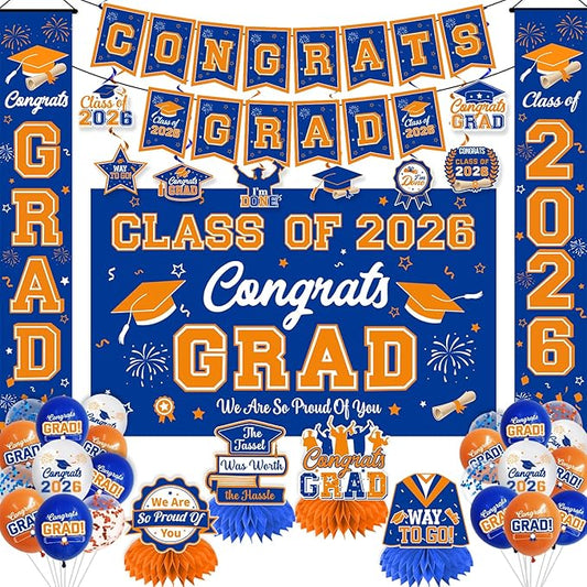 Graduation Decorations 2026 Blue and Orange Graduation Party Decor