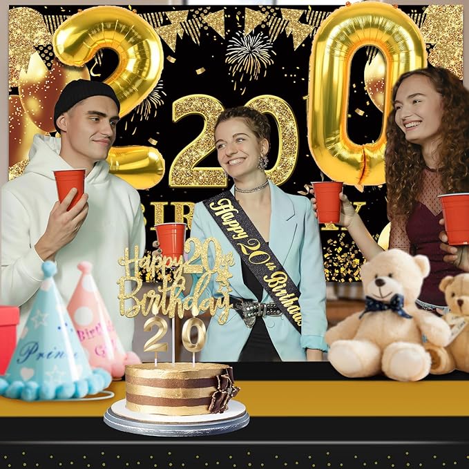 20th Birthday Decorations for Him Her with Banner Black and Gold