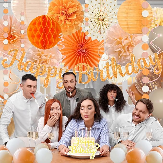 Orange Peach Fall Boho Birthday Party Decorations 62pcs Happy