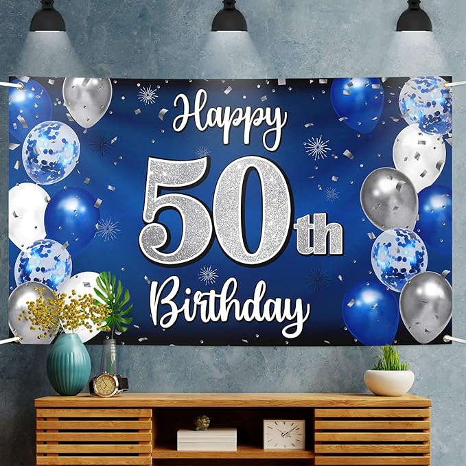 Happy 50th Birthday Decorations 50th Blue & Silver Balloon Large
