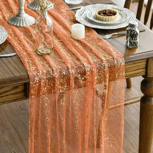 Artoid Mode 6PCS Orange Gold Gauze Table Runner 120 Inch 10FT,