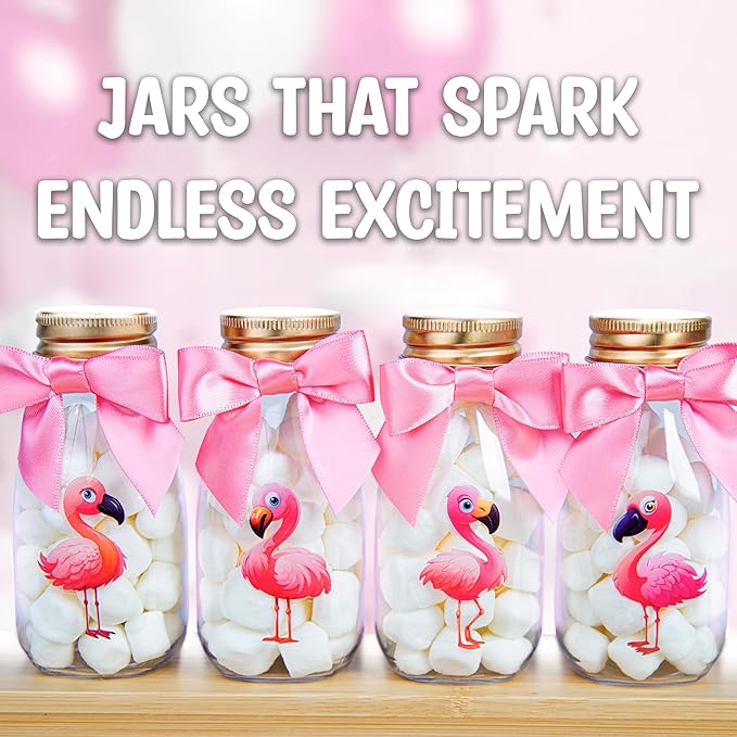 Small 12 Pack Flamingo Party Favors DIY Candy Jars with Ribbons and