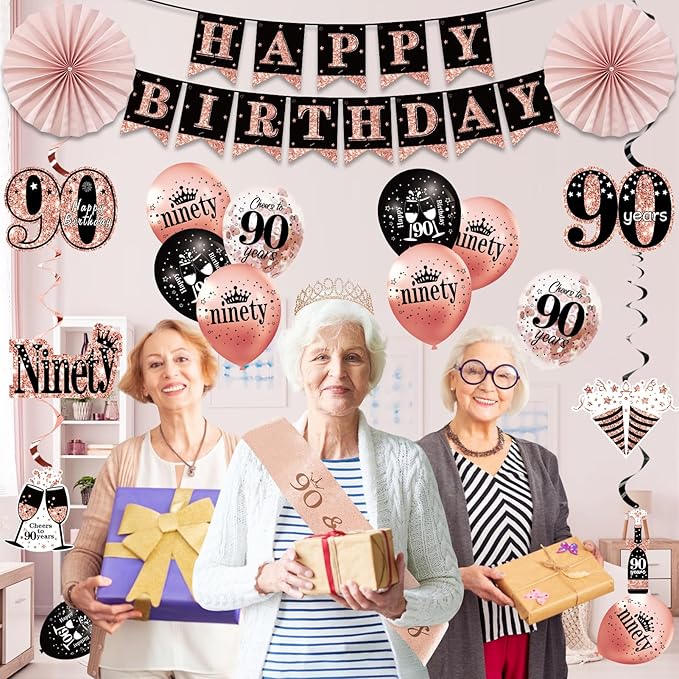 90th Birthday Decorations for Women 33pcs 90th Crown and Sash Black