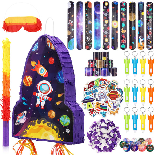 Meooeck 90 Pcs 16 x 12 x 3 Rocket Ship Piñata with Blindfold Piñata