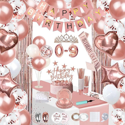 263 Pcs Rose Gold Birthday Decorations for Women All Ages Party