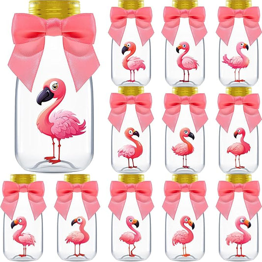 Small 12 Pack Flamingo Party Favors DIY Candy Jars with Ribbons and