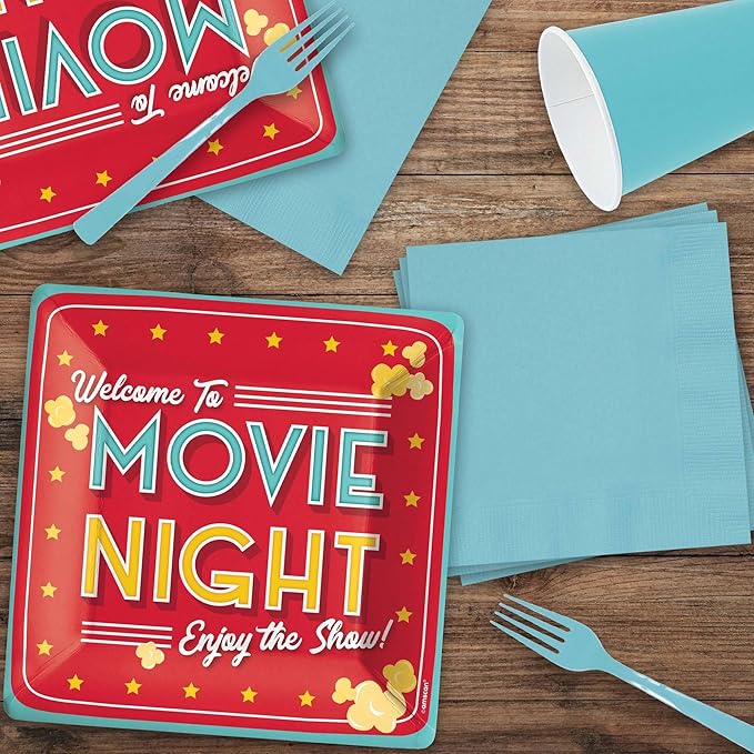 Movie Night Snack Bar Theater Popcorn Paper Dinner Plates and Lunch