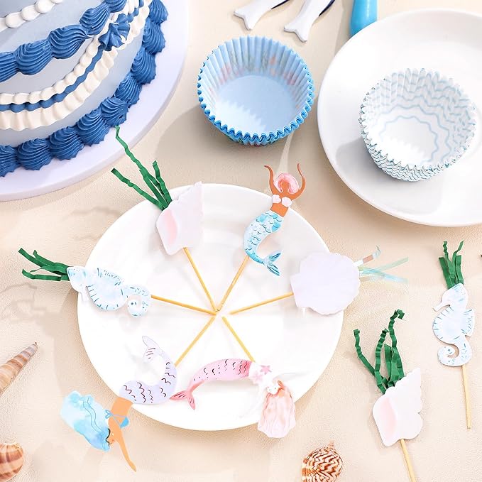 48 Pcs Mermaid Cupcake Kit Include 24 Mermaid Cake Topper 24 Ocean