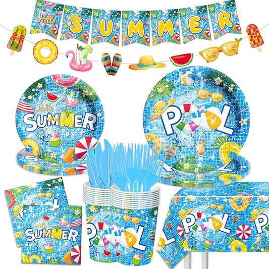 Pool Party Decoration 143Pcs Summer Tableware Pool Hello Summer