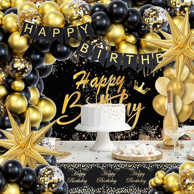 Black and Gold Birthday Decorations for Men Women 71pcs Black