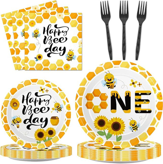 100 Pcs Bee 1st Birthday Party Supplies Paper Plates and Napkins Set