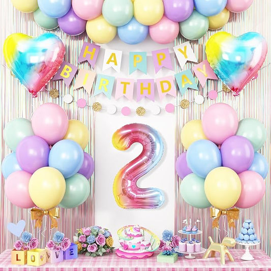 2nd Birthday Decorations Rainbow Gradient Number 2nd Balloon Pastel