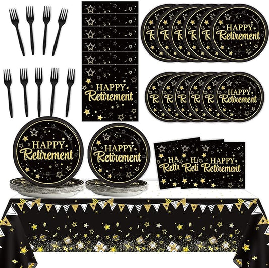 24 Guests Happy Retirement Party Supplies Black Gold Retirement