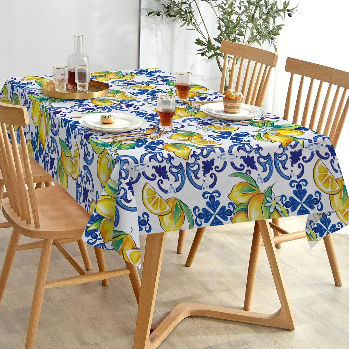 Livcoz Blue Lemon Italy Tile Pattern Rectangle Tablecloth 60 x 84