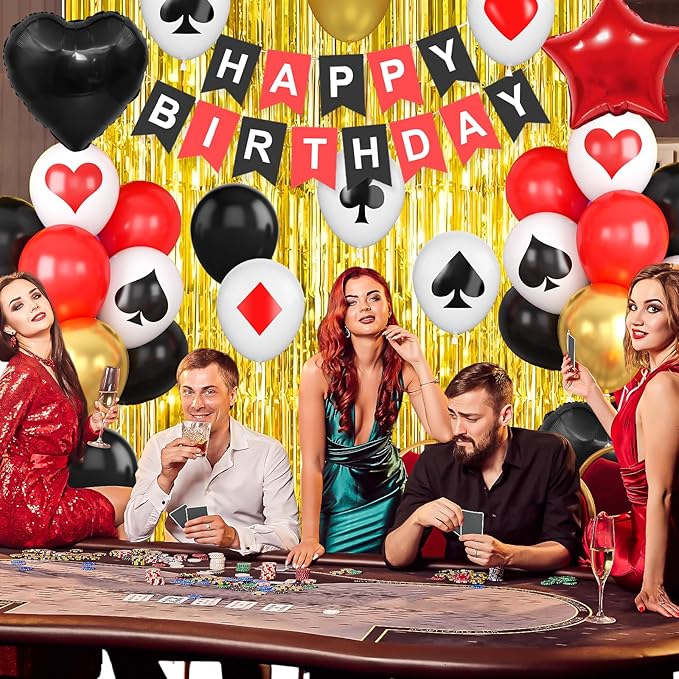 Casino Theme Party Decorations Red Black Gold Poker Balloons Happy