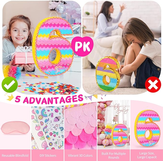 Number 6 Pinata for Birthday Party Decorations Unicorn Mermaid Theme