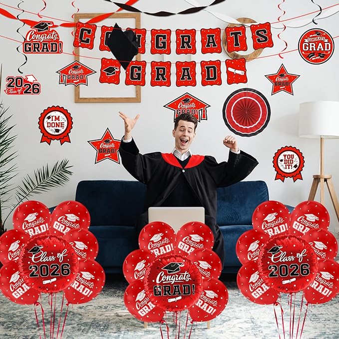 Red Themed 2026 Graduation Decorations Set Congrats Grad Banner