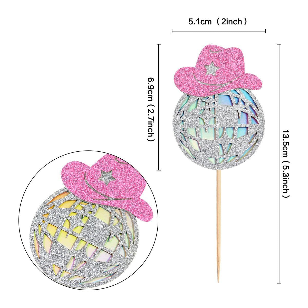 Cyodoos 24 Sparkling Disco Ball Cowboy Hat Cupcake Topper Western