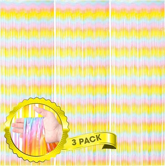 Voircoloria 3 Pack 3.3 x 8.2 ft Pastel Rainbow Foil Fringe Backdrop
