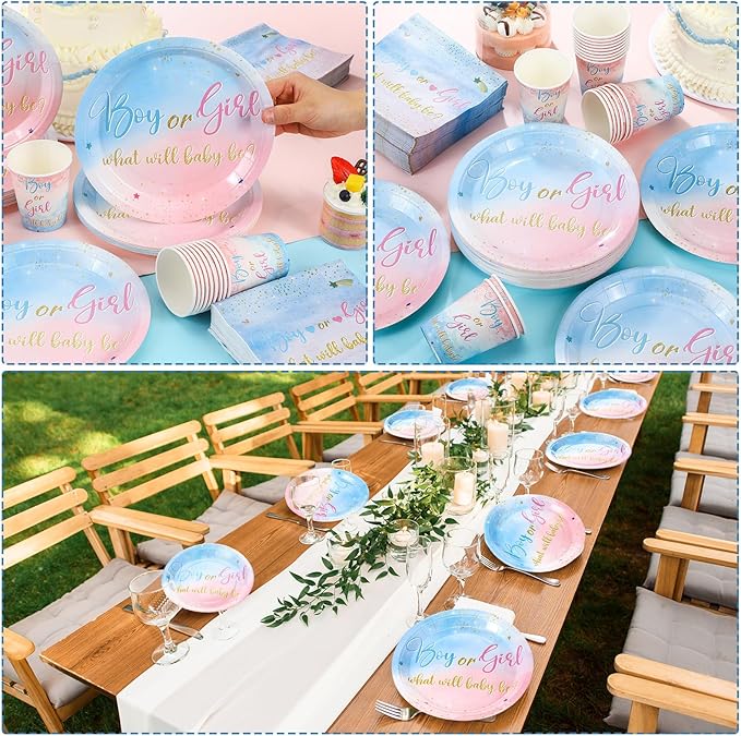 200 Pcs Gender Reveal Baby Shower Paper Plates Napkins Cups Baby