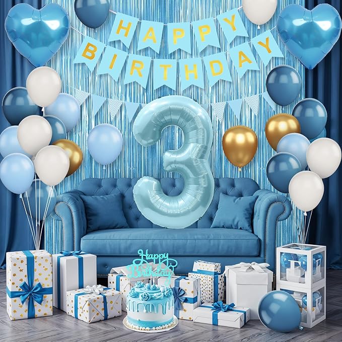 3rd Birthday Decorations Blue White Gold 3rd Birthday Balloons
