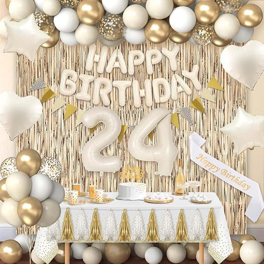 24th Birthday Decorations for Women, White and Gold 24 Boho Birthday