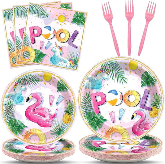 96Pcs Pink Pool Party Plates and Napkins Summer Beach Birthday Party
