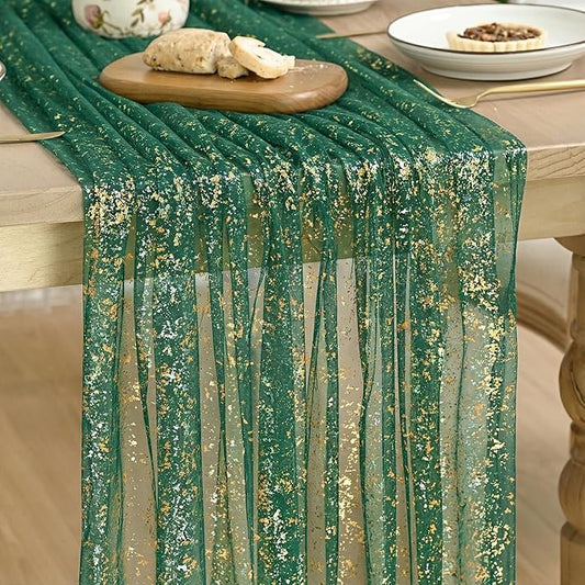 Artoid Mode Green Gold Gauze Table Runner 59x120 Inch 10FT, Glitter