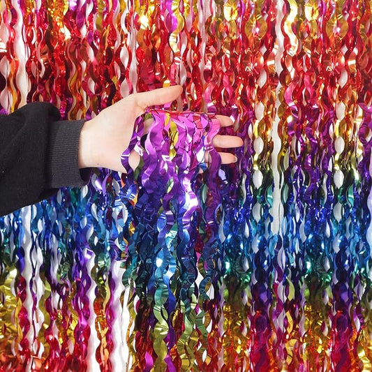 4 Pack Wavy Rainbow Foil Fringe Curtain | 3.3x6.6ft Colorful Tinsel